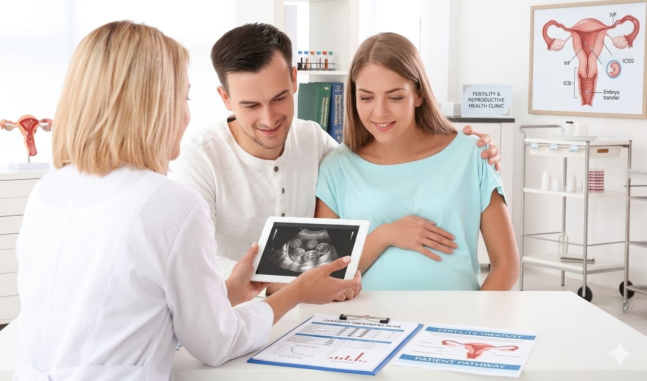 IVF specialist reviewing an ultrasound with a couple inside a fertility clinic consultation room