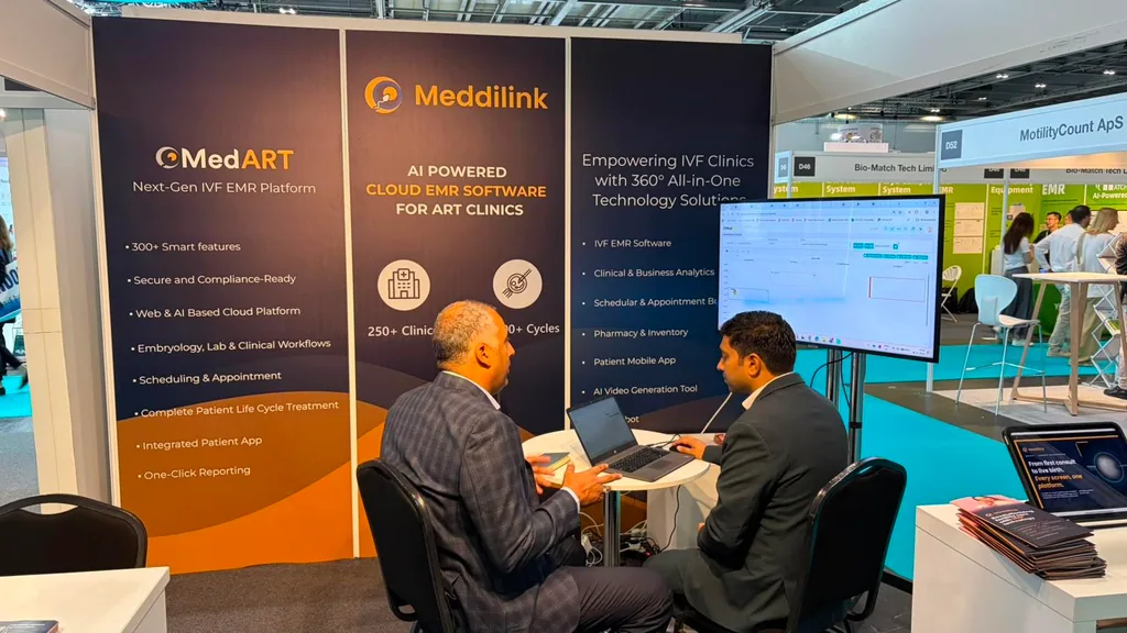 Meddilink team at booth #D050 during ESHRE 2026 in London, showcasing MedART and the AI product suite to clinical and lab teams.