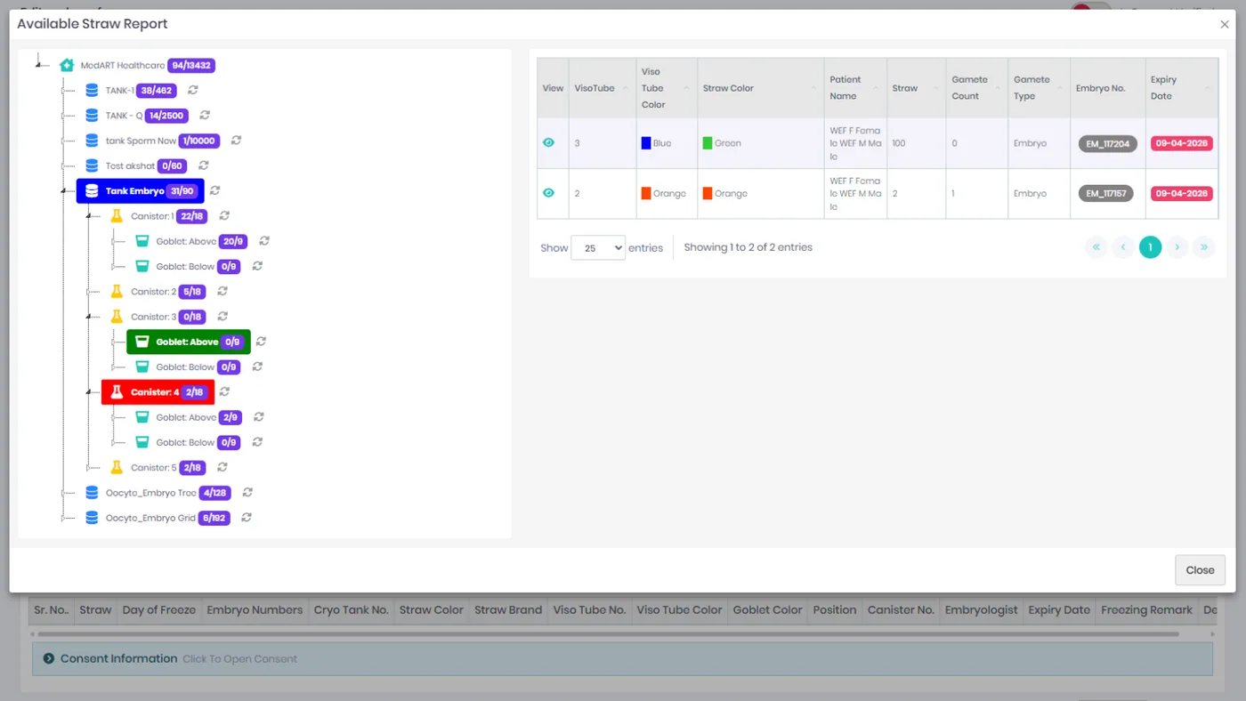 MedCryo tank inventory view — detailed cane-level breakdown with chain-of-custody, witness signatures and freeze/thaw event history.