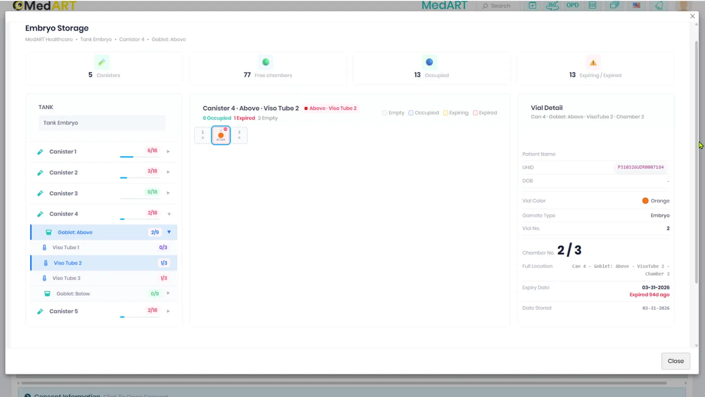 MedCryo tank inventory view — cryo tank layout with cane and vial positions, storage occupancy and sample metadata.