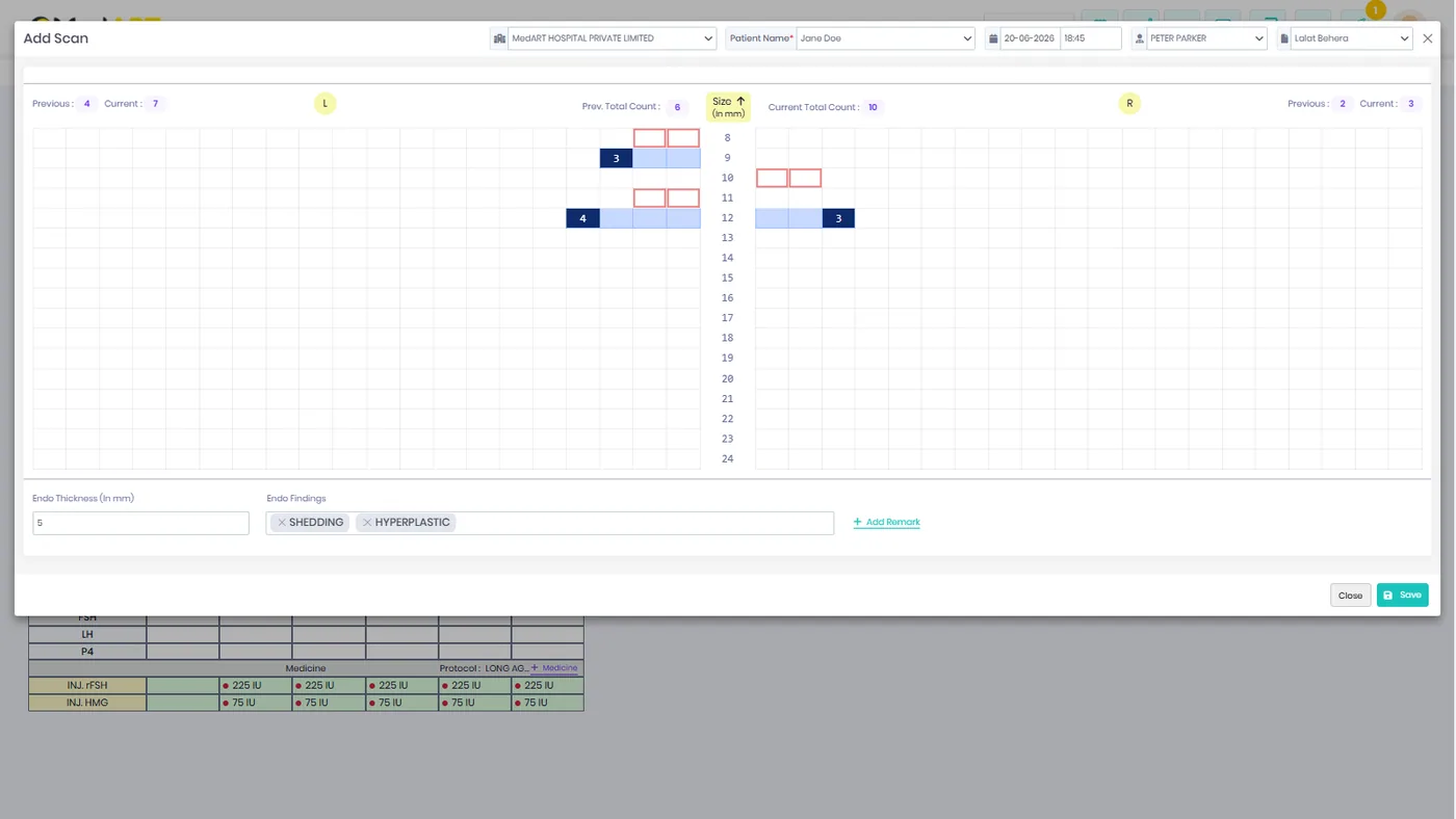 MedART cycle-planning dashboard — stimulation protocol worksheet with day-by-day medication and monitoring schedule.